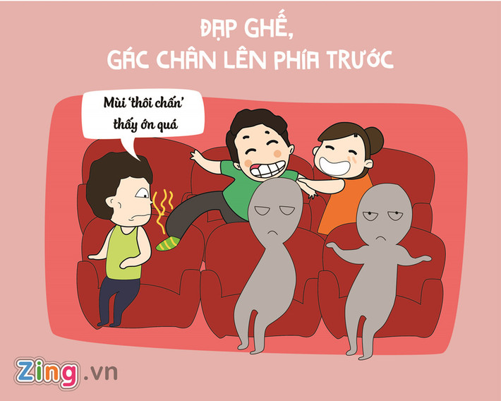 Đỉnh cao của sự vô ý thức khi đi xem phim rạp chính là đạp ghế, gác chân lên ghế phía trước. Ngồi yên vị, lịch sự ở chỗ của mình vẫn thoải mái mà!