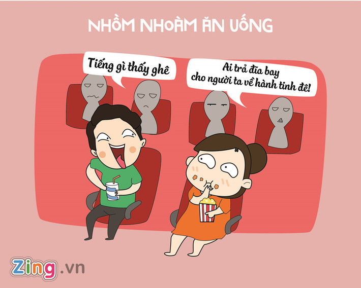 "Trời đánh tránh miếng ăn" nhưng đến mức nhai nhồm nhoàm bỏng ngô, hút sột soạt nước giải khát trong khi phim đang chiếu thì vô duyên quá rồi.