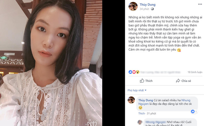 Trần Thị Thùy Dung, sinh năm 1990, là người đẹp miền Trung đầu tiên đăng quang Hoa hậu Việt Nam. Cô gây ấn tượng với chiều cao nổi trội 1,84 cùng gương mặt Á Đông. Sau khi đăng quang, Thùy Dung không hoạt động showbiz nhiều, chọn cuộc sống trầm lặng. Mới đây, cô bất ngờ chia sẻ trên trang cá nhân về chuyện chưa từng phẫu thuật thẩm mỹ. Người đẹp viết: "Không phải mình thành kiến hay ghét gì nhưng khi nào thấy thật sự cần làm mình sẽ làm ngay không chậm trễ". Theo Thùy Dung, bí quyết chăm sóc sắc đẹp của cô là tập yoga, tập gym, có một đời sống khỏe mạnh từ tinh thần đến thể chất. Ảnh: FBNV.