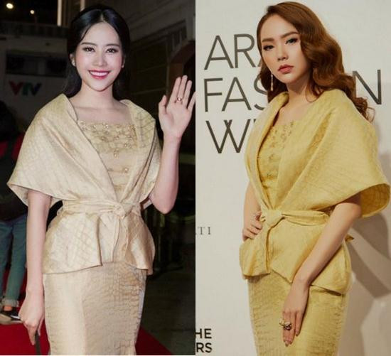 Có không ít lần báo chí được dịp so sánh nhan sắc, thần thái của các nguời đẹp trong showbiz Việt khi sao Việt mặc đụng hàng. Nam Em mặc chung váy với ca sĩ Minh Hằng nhưng kiểu tóc cũng như cách make up của hoa khôi khiến cô trông kém sang và có phần quê mùa.