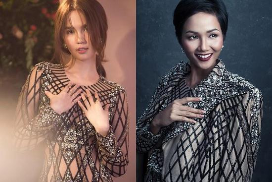 Một lần khác, khi diện cùng một bộ jumpsuit với hoa hậu H’hen Niê, Ngọc Trinh hoàn toàn áp đảo nhờ vẻ sexy, quyến rũ. Trong khi đó, “người đẹp Ê- Đê” trông khá an toàn với phần áo khoác tương đối rườm rà, nhiều chi tiết.