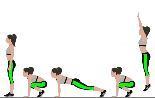 Phụ nữ U40 nên tập Burpee 1-2 lần/tuần. Bắt đầu trong tư thế đứng, sau đó đặt hai tay chạm đất với kiểu ngồi xổm. Từ từ hạ thấp cơ thể xuống gần mặt đất. Cuối cùng, dùng bàn chân nhảy trở về tư thế ngồi xổm rồi đứng lên. Chú ý nên tập Burpee xen kẽ và thả lỏng cơ thể.