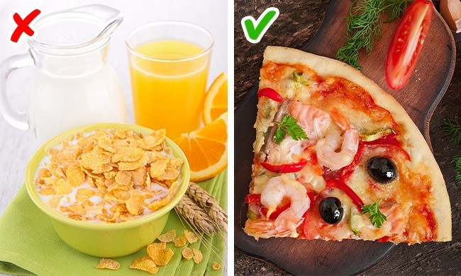 Chuyên gia dinh dưỡng Chelsey Amer đã tiến hành một nghiên cứu chứng minh rằng ăn một miếng bánh pizza vào bữa sáng tốt hơn là ăn ngũ cốc bởi pizza chứa nhiều protein, các thành phần tươi ngon và ít đường hơn ngũ cốc.