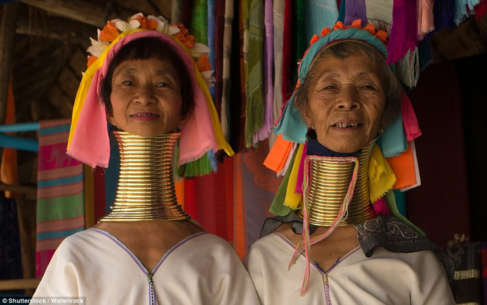 Không làm giãn viền môi, không mài răng nhưng những người phụ nữ ở Kayan Lahwi, Myanmar lại đeo vòng đồng từ khi lên 5 tuổi để kéo dài chiếc cổ của mình. Theo họ, một người phụ nữ có cổ dài mới được coi là phụ nữ đẹp. (Nguồn Dailymail)