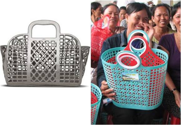 Mẫu thiết kế túi xách của Louis Vuitton (trái) "có khác mấy" chiếc làn đi chợ quen thuộc của các bà, các mẹ ở Việt Nam.