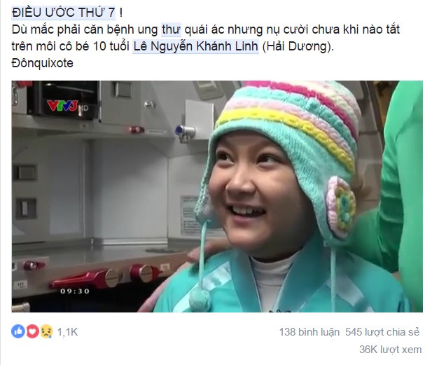 Cách đây hơn một năm, nhiều khán giả của chương trình Điều ước thứ 7 chưa thể quên được hình ảnh của cô bé Lê Nguyễn Khánh Linh có khuôn mặt bầu bĩnh, nụ cười thiên thần nhưng lại đang mang trong mình căn bệnh ung thư quái ác. Khánh Linh được chọn là nhân vật của chương trình để thỏa nguyện ước mơ trở thành một tiếp viên hàng không.