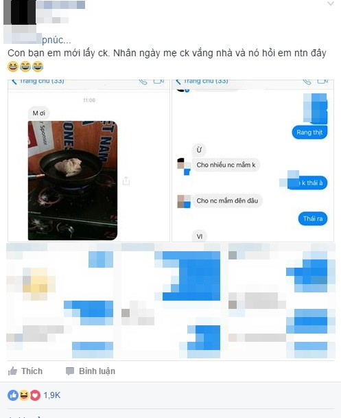 Sau món "canh cua nguyên con" hay nồi xôi gấc "bá đạo" thì mới đây, cư dân mạng lại "ngã ngửa" trước màn rán thịt... cả miếng to của nàng dâu mới bị chê "vụng thối vụng nát". Ảnh: FB Ngọcc Bé.