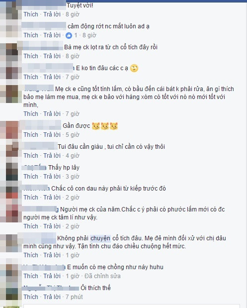 Câu chuyện ban đầu được đăng tải lên trang cá nhân của Thu Hiền, sau đó được chia sẻ trên các diễn đàn dành cho chị em, đã nhận được rất nhiều phản hồi tích cực. Đa phần người xem ưu ái gọi người mẹ ấy là "Mẹ chồng của năm", "Mẹ chồng bước ra từ cổ tích", "Mẹ chồng thế kỷ"...