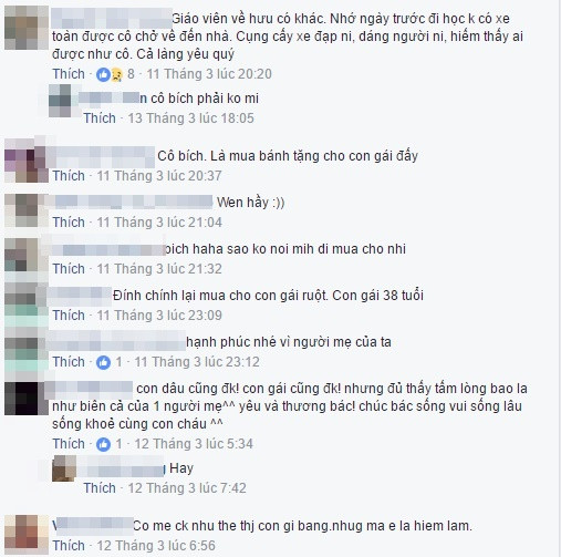 Một số thành viên nhận ra bác gái trong ảnh và cũng dành không ít lời khen ngợi cho người phụ nữ này. Tuy nhiên, tính xác thực của câu chuyện này cũng đang gây nên không ít tranh cãi, khi một số người lên tiếng đính chính nữ nhân vật trong câu chuyện mua bánh về tặng con gái, chứ không phải con dâu. Chưa rõ thực hư nhưng bạn L.D.Duy vẫn cho rằng: "Con dâu cũng được, con gái cũng được, nhưng đủ thấy tấm lòng bao la như biển cả của một người mẹ. Yêu và thương bác! Chúc bác sống vui, sống lâu sống khỏe cùng con cháu!".