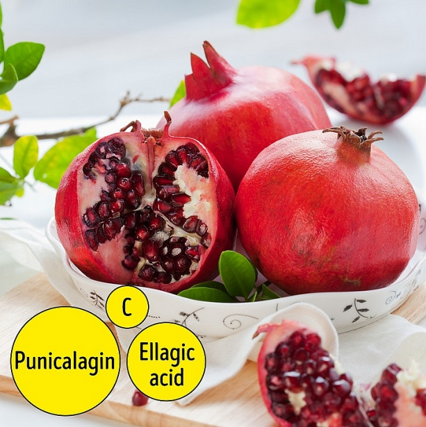 9. Quả lựu: Cũng giống như cam, trái cây này giàu vitamin C nên thân thiện với da. Quả lựu còn chứa axit ellagic và punicalagin. Punicalagin được cho là làm tăng khả năng của cơ thể để bảo tồn collagen; axit ellagic chống lại thiệt hại từ các gốc tự do và cũng làm chậm sự phân hủy collagen. Kết hợp điều đó với sức mạnh tăng cường collagen của vitamin C, bạn sẽ nhận thấy những đổi mới tích cực từ làn da.