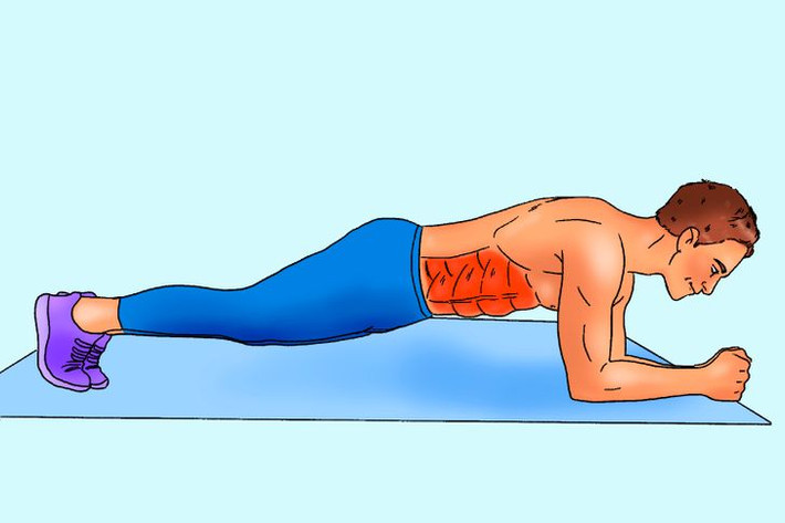 2. Plank: Đây là một trong những bài tập giúp bạn sở hữu cơ bụng 6 múi săn chắc hiệu quả. Bài tập này có tác dụng với cơ bụng, cơ bụng dưới và cả lưng, hông, chân, vai và ngực. Thực hiện tư thế plank trong 50 giây và sau đó nghỉ 10.