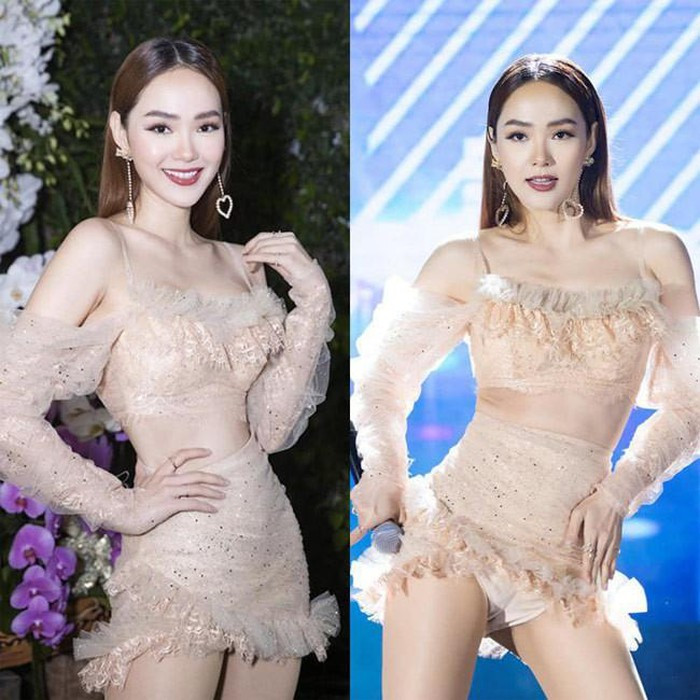 Chiếc váy ren của Minh Hằng ngắn tới mức khiến cô lộ cả nội y khi biểu diễn.