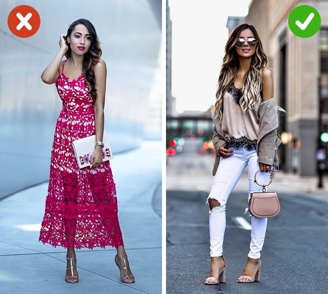 Đừng chọn trang phục có quá nhiều họa tiết ren sẽ khiến bạn thiếu chuyên nghiệp, kém thanh lịch. Lựa chọn tốt nhất lúc này là những chi tiết ren nhỏ, bổ sung nét nữ tính cho set đồ.
