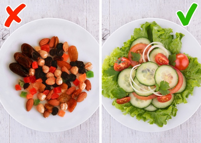 Chọn các bữa ăn lớn như việc ăn một bát lớn salad sẽ giúp bạn no bụng nhanh hơn là ăn các loại hạt.