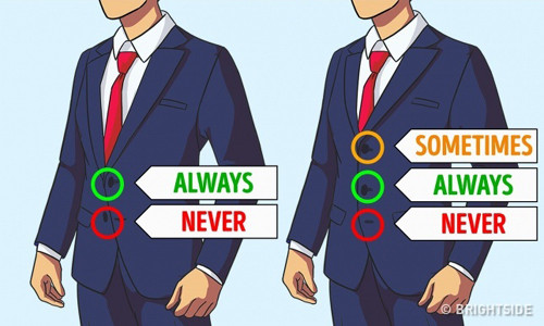 Nguyên tắc mặc đẹp với áo vest là nút cúc giữa trên áo nên luôn luôn được đóng lại. Cúc trên có thể đóng hoặc mở tùy thuộc vào tâm trạng của bạn. Không nên đóng cửa cúc hàng dưới cùng.