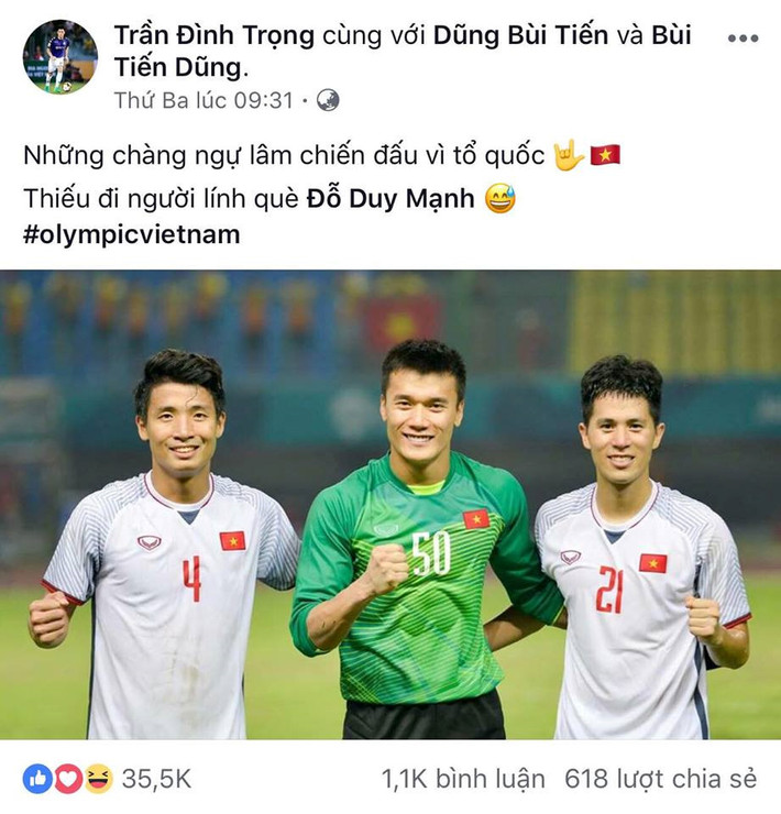 Do chấn thương chuột rút toàn thân nên Duy Mạnh không thể có mặt trong bức ảnh ăn mừng sau trận tứ kết gặp Olympic Syria. Đình Trọng đã vui đùa người anh của mình là "người lính què" và gọi các chàng trai giữ nhiệm vụ bảo vệ khung thành là "những chàng ngự lâm".