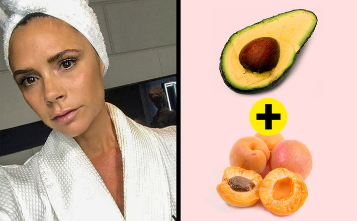 Mặt nạ chống nếp nhăn của Victoria Beckham: Hỗn hợp quả bơ và quả mơ tươi dùng để đắp mặt trong 10-15 phút trước khi bạn đi ngủ. Cả bơ và quả mơ đều chứa chất chống oxy hóa, đó là lý do tại sao loại mặt nạ này có tác dụng làm sạch và làm sáng.
