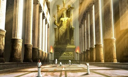 Tượng thần Zeus: Được hoàn thành năm 432 TCN, xây dựng để tôn vinh những kỳ thi Olympic đầu tiên. Cấu trúc nổi bật của bức tượng khắc họa vị thần ngồi trên ngai vàng bằng gỗ nạm ngọc, cao 12 m, rộng 7 m, một tay cầm vương trượng hình chim đại bàng tượng trưng cho quyền lực tối cao, tay kia cầm tượng thần Victory có cánh biểu tượng cho chiến thắng trong các kỳ Thế vận hội, được làm từ ngà voi và kim loại quý giá. Đầu thần Zeus trang điểm vòng hoa ô liu, ngai vàng làm bằng gỗ tuyết tùng và ngà, chân thần đặt lên một ghế lớn. Các nhà sử học cho rằng tượng thần Zeus đã được chuyển đến Istanbul ngày nay nhưng sau đó bị thiêu cháy.