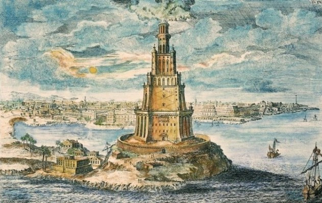 Hải đăng Alexandria: Ngọn hải đăng được xây dựng trên hòn đảo nhỏ ở thành phố cảng Alexandria của Ai Cập từ năm 285 đến 247 TCN. Hải đăng gồm 3 tầng, bậc dưới cùng hình vuông, gồm nhiều phòng cho bộ phận canh gác, gia súc và lương thực. Đây là một trong những công trình cao nhất thế giới trong nhiều thế kỷ. Ngọn hải đăng được vận hành bằng cách sử dụng lửa vào ban đêm và gương đồng đã đánh bóng để phản chiếu Mặt Trời trong ngày. Theo các tư liệu, ánh sáng từ ngọn hải đăng có thể được nhìn thấy từ khoảng cách 50 km ngoài biển. Cấu trúc khổng lồ này đã đứng sừng sững bên bờ biển Địa Trung Hải trong hơn 1.500 năm trước khi bị hư hỏng nghiêm trọng bởi trận động đất vào năm 1303 và 1323.