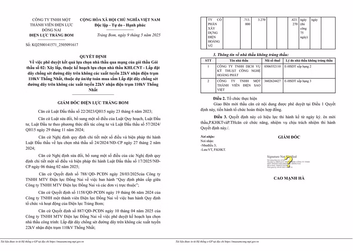 Một phần Quyết định số KQ2500141571_2505091617. Nguồn MSC.