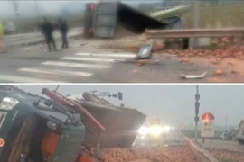 Sau va chạm xe đầu kéo lật xuống ruộng, xe tải nằm 'phơi bụng' trên đường