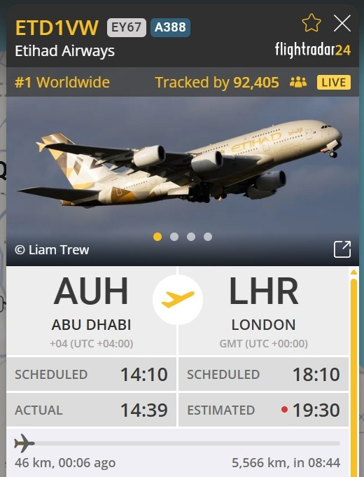 Chuyến bay từ điểm nóng được cả thế giới chú ý, theo dõi trên Flightradar24. Đến tối cùng ngày, chuyến bay hạ cánh an toàn. Ảnh: Tiền phong