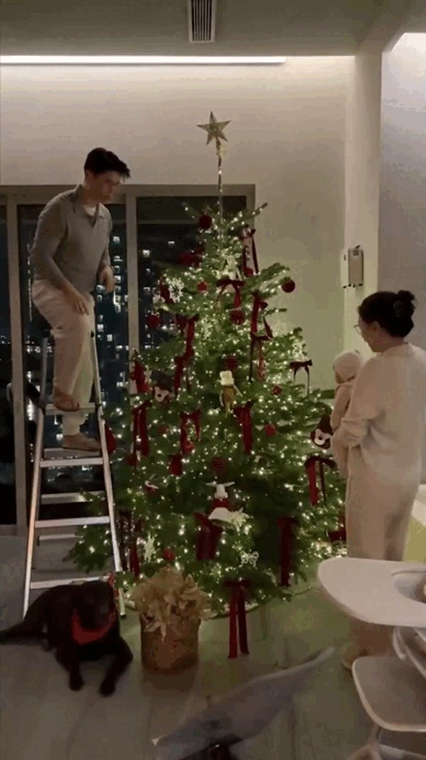 Không decor quá cầu kỳ nhưng cây thông vẫn rực rỡ, làm sáng bừng góc không gian trong căn hộ. Ảnh: FBNV