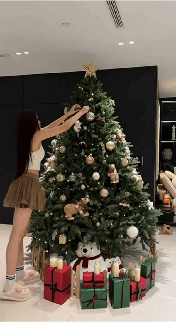 Noel năm nay, Hoa hậu Đỗ Hà chọn cây thông kích thước lớn, trang trí theo tông be, trắng và xanh chủ đạo. Ảnh: FBNV