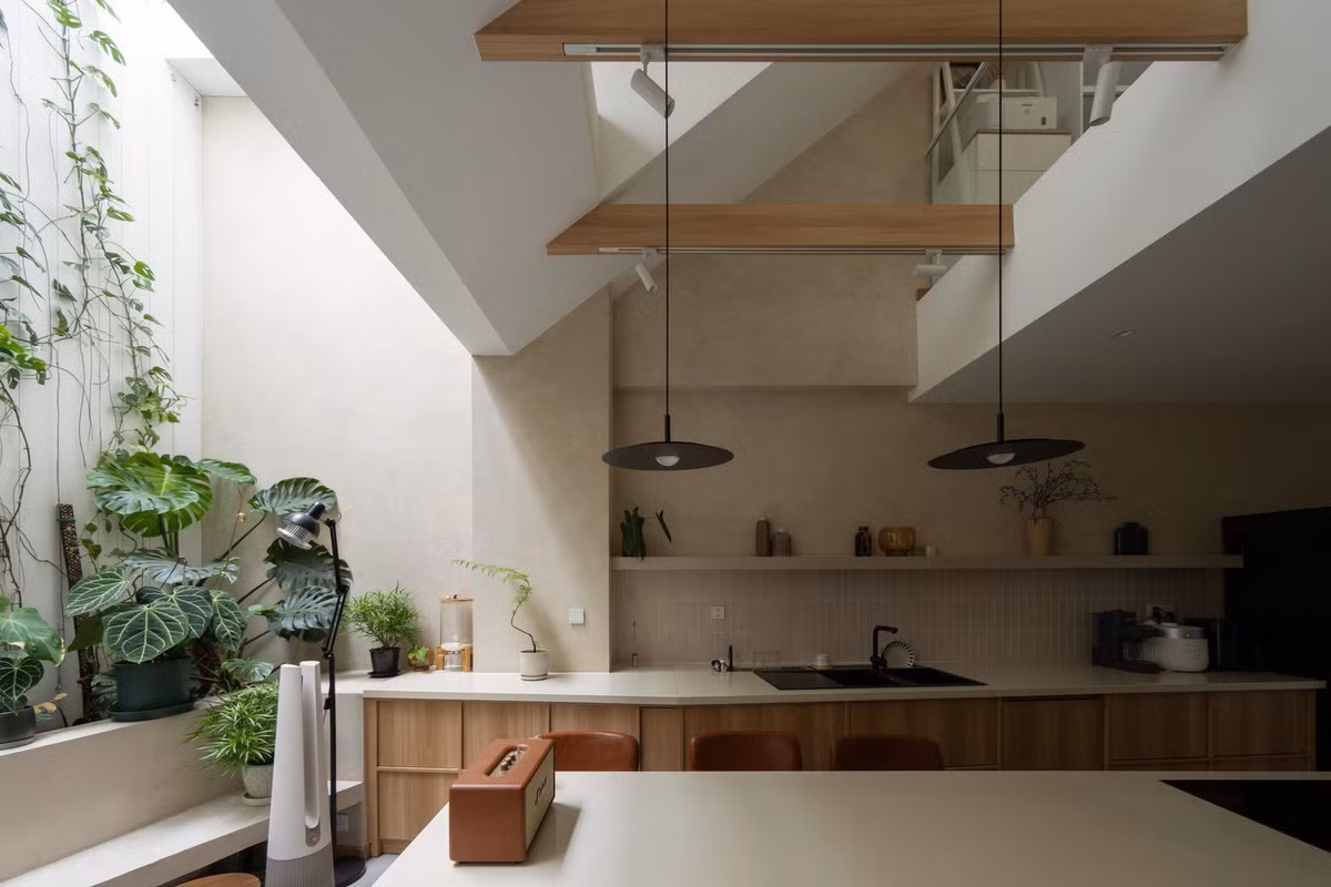 Phía sau nhà mở ra một vùng đệm xanh mang ánh sáng tự nhiên. Ảnh: Quang Dam