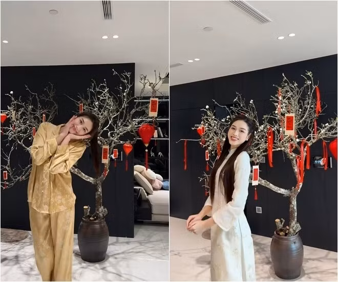 Dịp Tết, Đỗ Thị Hà trang trí cành mận lớn giữa phòng khách. Ảnh: FBNV