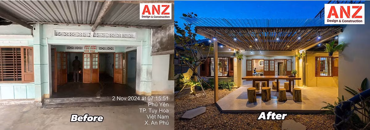 Sân trước biến thành không gian sinh hoạt chung với bàn ghế gỗ tự nhiên, tạo cảm giác thoải mái và gần gũi cho khách. Ảnh: Minq Bui