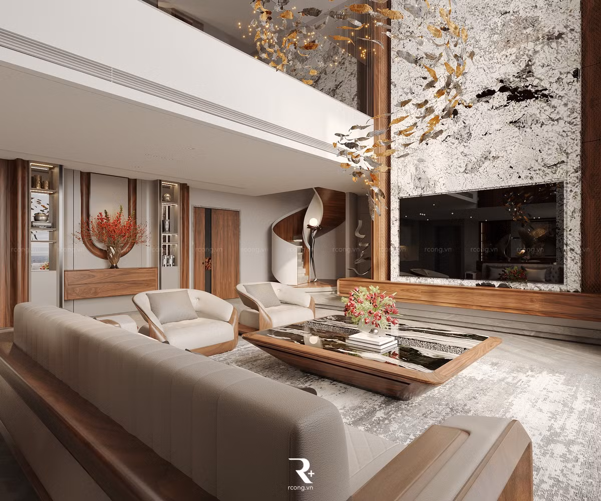 Đèn chùm pha lê độc đáo giữa phòng khách. Ảnh: NhaTo