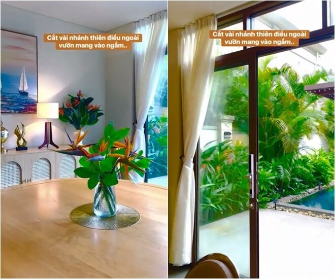 Mới đây, Lã Thanh Huyền khiến người hâm mộ không khỏi trầm trồ khi chia sẻ bình hoa thiên điểu được hái từ sân vườn, tạo điểm nhấn trên nền nội thất gỗ. Ảnh chụp màn hình