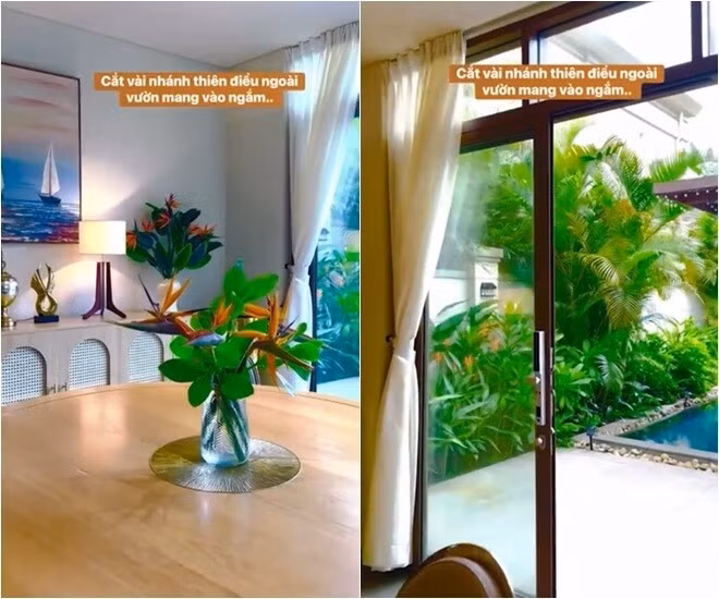 Mới đây, Lã Thanh Huyền khiến người hâm mộ không khỏi trầm trồ khi chia sẻ bình hoa thiên điểu được hái từ sân vườn, tạo điểm nhấn trên nền nội thất gỗ. Ảnh chụp màn hình