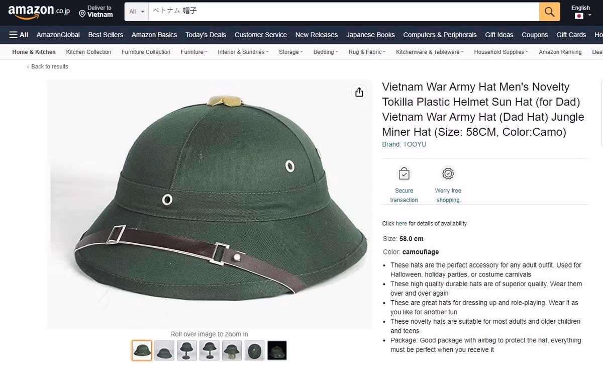 Mũ cối Việt Nam xuất hiện trên các sàn thương mại điện tử nước ngoài, giá khoảng 24 USD (hơn 550.000 đồng) trên Amazon Mỹ và 2.480 Yên (hơn 550.000 đồng) trên Amazon Nhật. Ảnh chụp màn hình