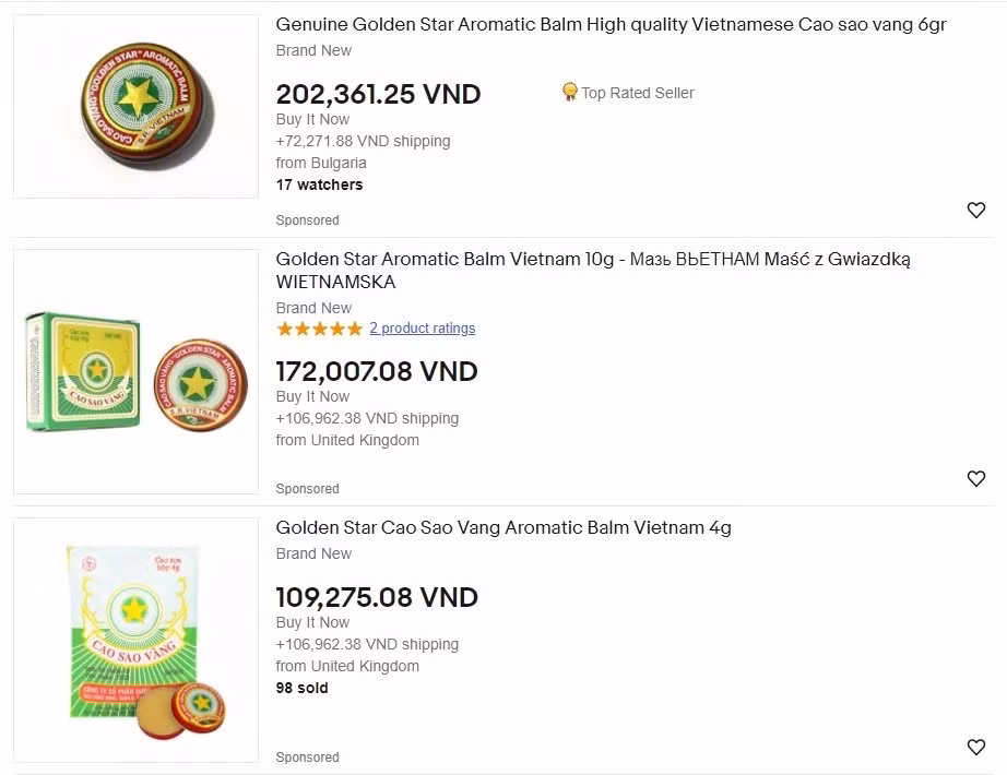 Ở Việt Nam, giá mỗi hộp cao Sao Vàng chỉ khoảng 5.000 đồng. Nhưng có thời điểm, trên Amazon chào bán sản phẩm này có giá từ 2 đến gần 4 USD/hộp (tương đương 50.000 - 100.000 đồng). Ảnh: eBay