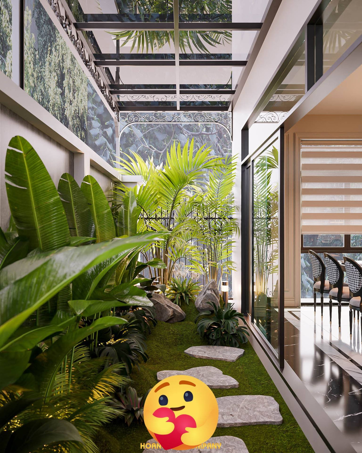 Cạnh khu bếp là mảnh vườn nhỏ trải thảm cỏ và trồng cây xanh. Ảnh: FBNV