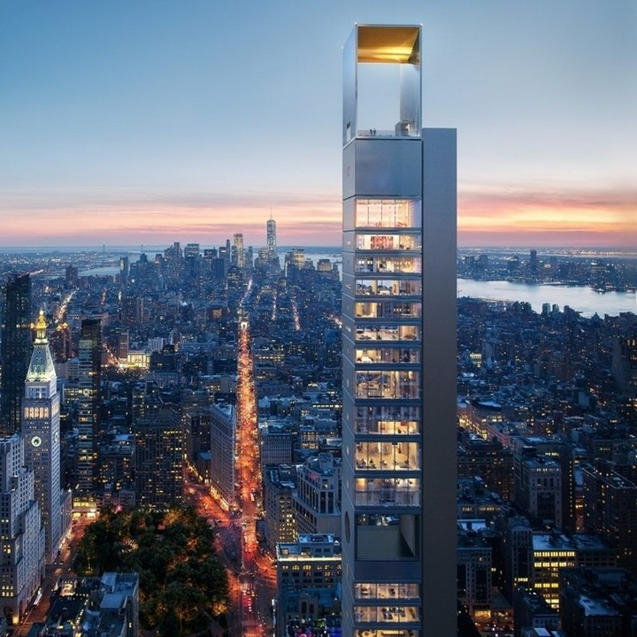Tòa tháp siêu mảnh tại Midtown Manhattan (Mỹ) cao 305 mét, gồm các căn hộ chiếm trọn một tầng và đài quan sát trên đỉnh. Dự án được xây dựng trên khu đất của hai công trình cũ đã tháo dỡ, đồng thời tích hợp một tòa nhà đá vôi 12 tầng vào phần khối đế. Ảnh: Dezeen