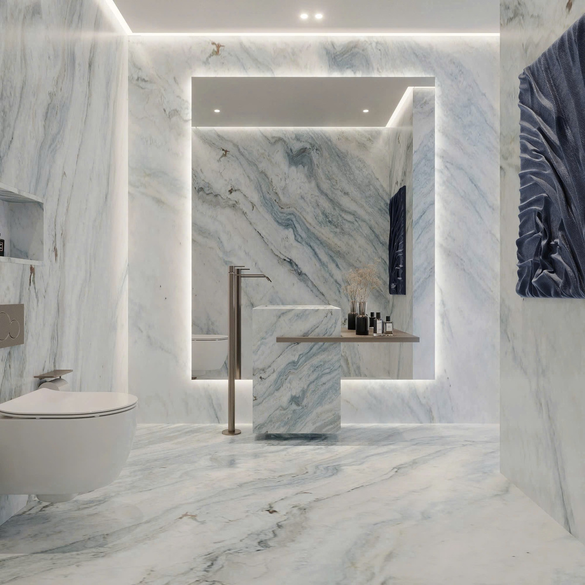 Phòng tắm phụ trong nhà cũng ốp đá thạch anh đắt đỏ. Ảnh chụp màn hình