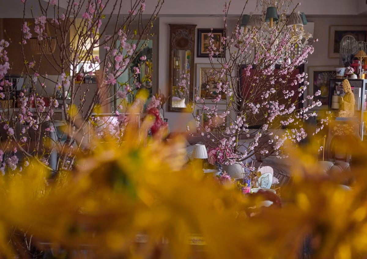 Những cành đào được đặt tinh tế trong những chiếc bình mang đậm dấu ấn cá nhân. Ảnh: FB Lý Quí Khánh