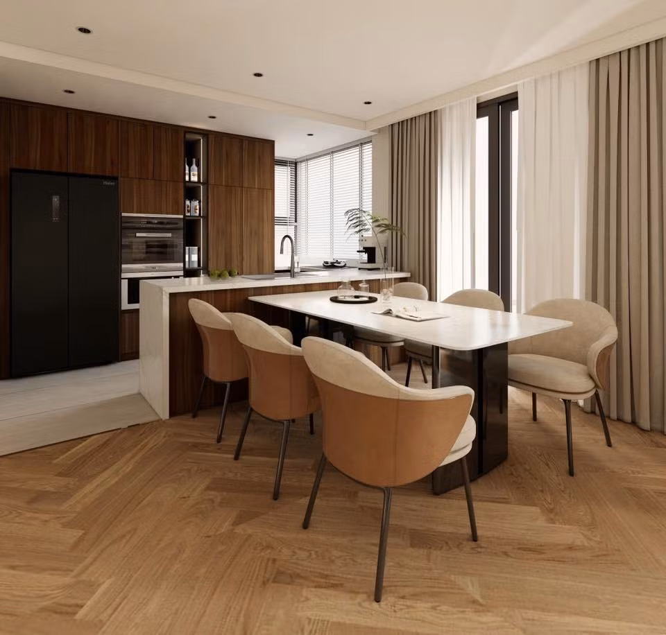 Bàn ăn hiện đại ở cạnh bếp. Ảnh: FBNV