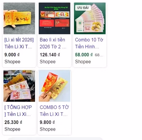 Các loại tiền lì xì in hình linh vật năm nay phong phú hơn các năm trước, trải dài từ tiền phổ thông đến các sản phẩm mạ vàng, mang tính sưu tầm. Ảnh chụp màn hình