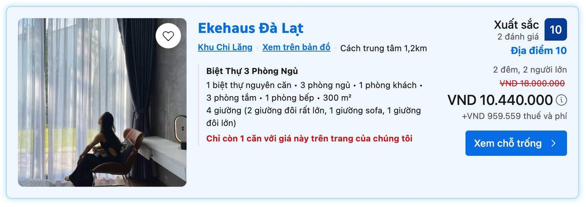 Tuy nhiên, trên các nền tảng đặt phòng trực tuyến phổ biến như Agoda, Booking.com...villa của Tóc Tiên vẫn cho ra kết quả tìm kiếm và người dùng vẫn có thể tiến hành đặt phòng như bình thường. Ảnh chụp màn hình