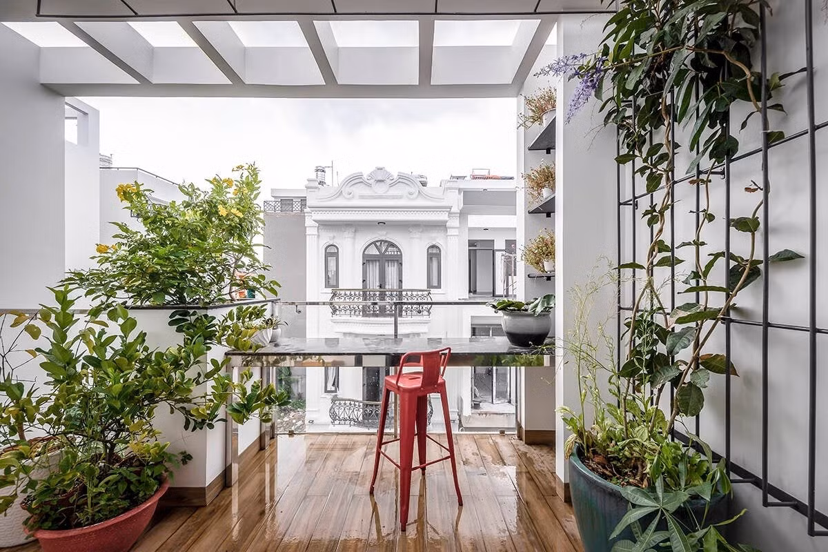 Ban công sân vườn ở tầng 3 đặt nhiều chậu cây cảnh. Ảnh: Bùi Minh Quốc