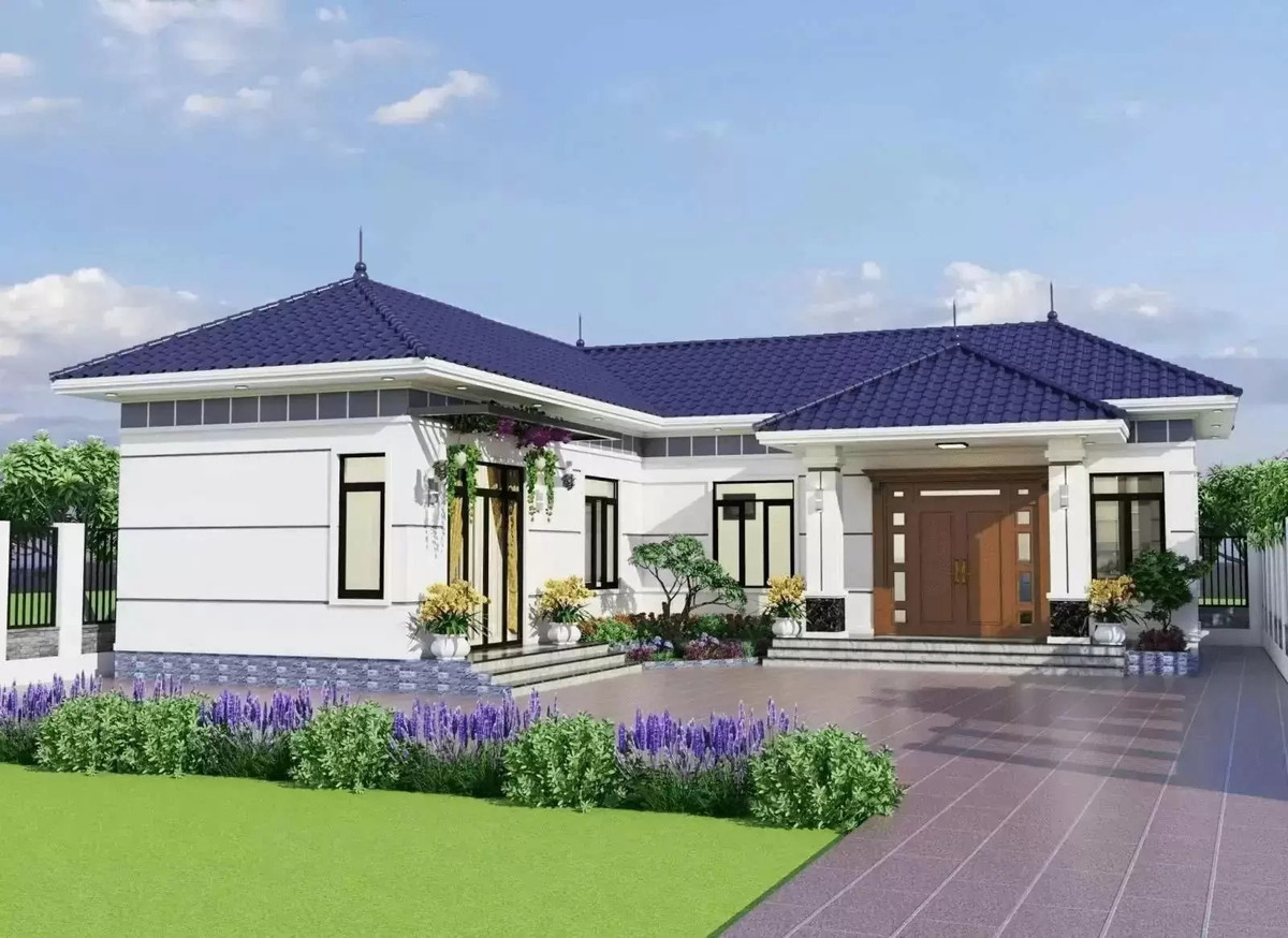 Nhà mái Nhật có sân vườn rộng rãi, bố trí cây xanh, lối đi lát đá, và tiểu cảnh tạo không gian sống trong lành. Ảnh: Internet