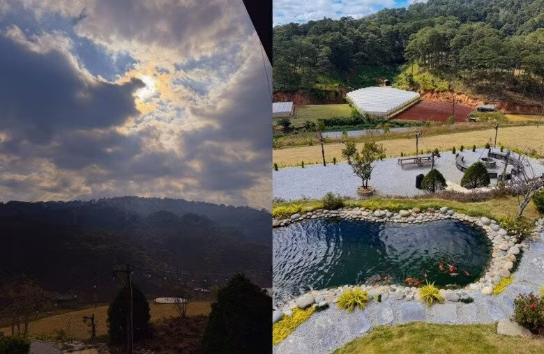 Khu vườn rộng mở với thảm cỏ xanh, lối đi lát đá gọn gàng và một hồ nước nhỏ trong veo, xung quanh là cây cối, hoa lá. Ảnh: FB Bui Quynh Hoa