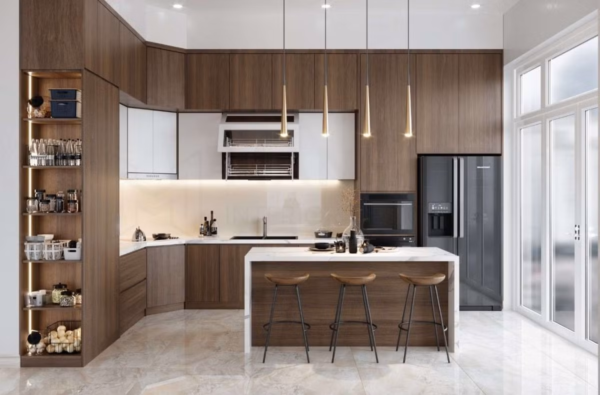 Một trong những xu hướng thiết kế nội thất nhà bếp nổi bật nhất là bảng màu ấm áp, mang cảm hứng tự nhiên. Những gam màu trung tính ấm hay các tông gỗ tự nhiên sẽ thay thế cho các tông trắng và xám lạnh trước đây. Ảnh: Noithatmanhhe