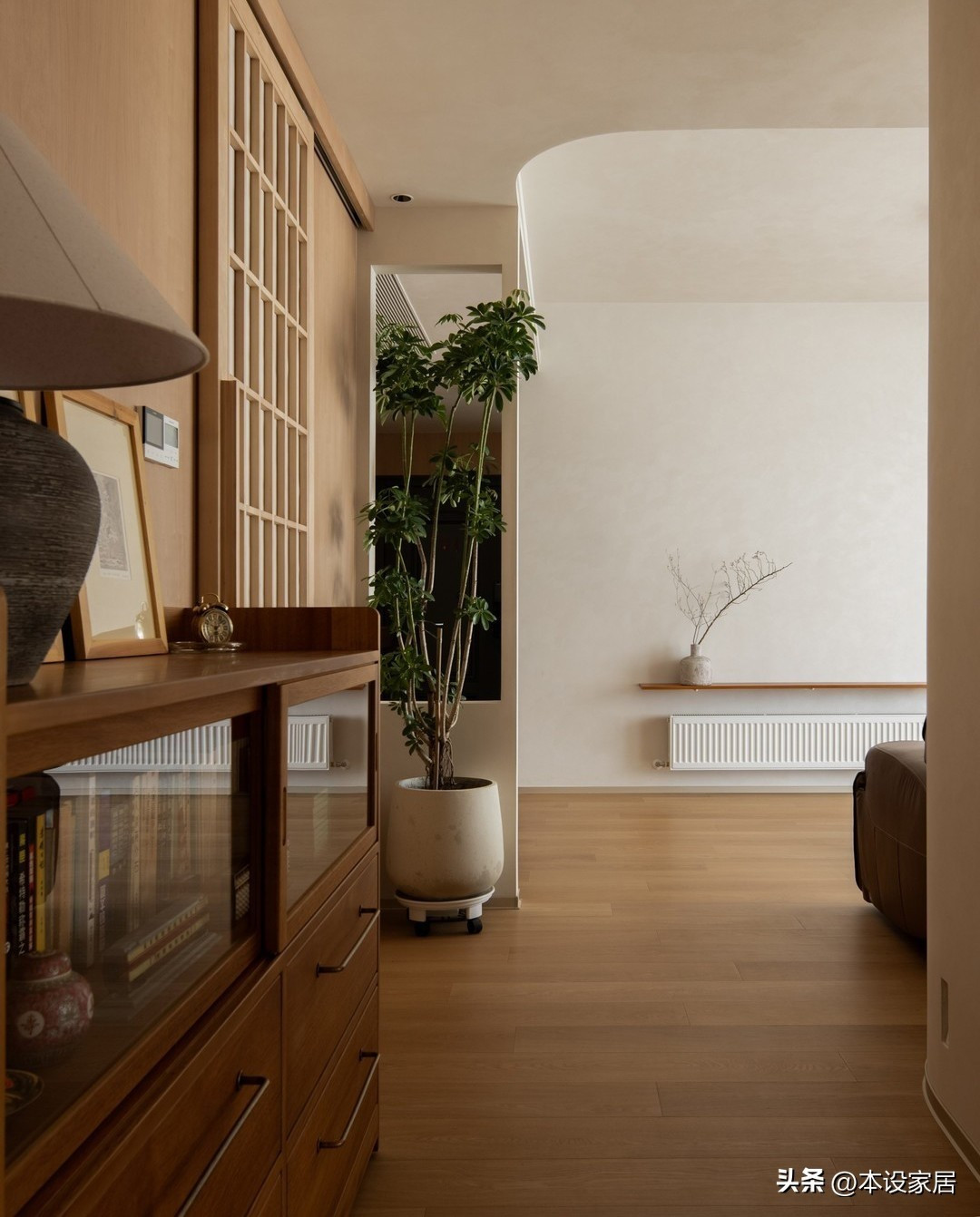 Hành lang được đặt tủ gỗ nguyên khối để sách và vật dụng thường dùng. Ảnh: Toutiao