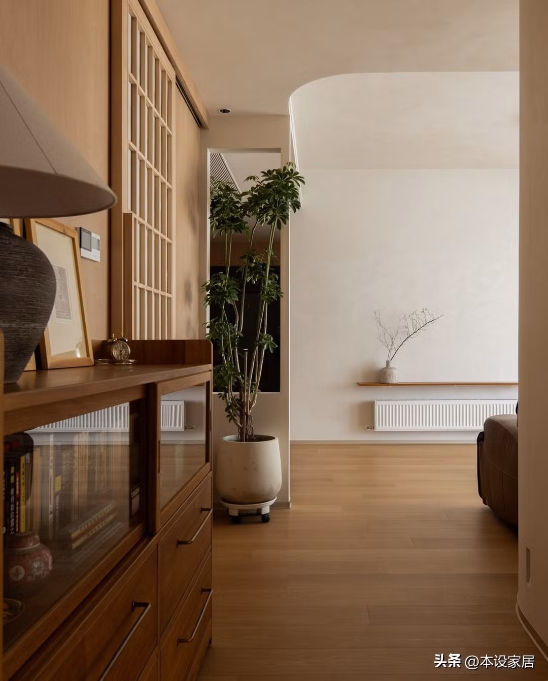 Hành lang được đặt tủ gỗ nguyên khối để sách và vật dụng thường dùng. Ảnh: Toutiao