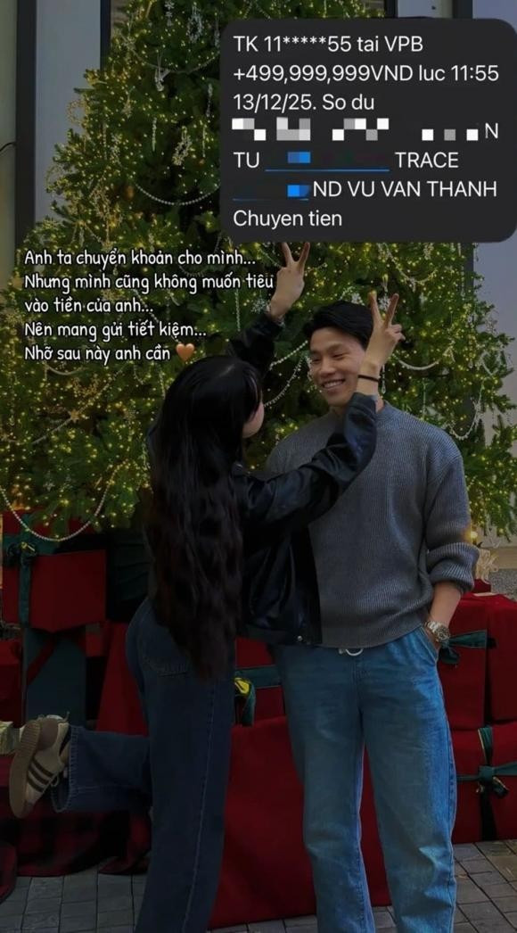 Mới đây, hậu vệ Vũ Văn Thanh khiến dân tình xôn xao khi chuyển khoản số tiền 499.999.999 đồng (xấp xỉ 500 triệu đồng) kèm lời nhắn nhủ ngọt ngào khi bạn gái bị ốm. Ảnh: FBNV